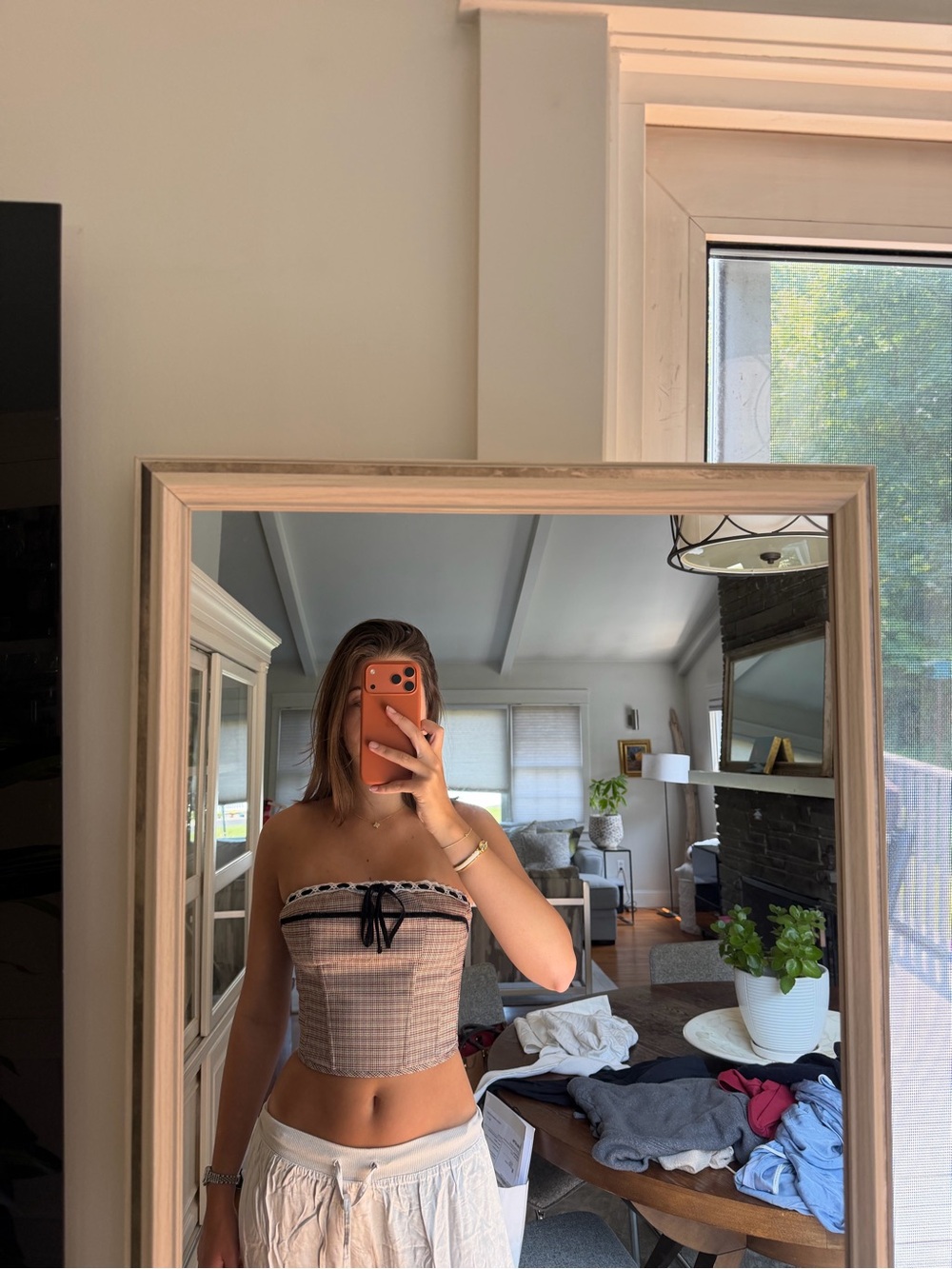 Pink Gingham Strapless Bustier Crop Top with Black Bow
